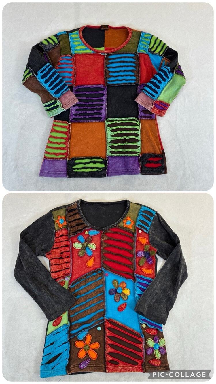 2) Rising International Long Sleeve Shirts Sz S Patchwork Bohemian Made in Nepal
